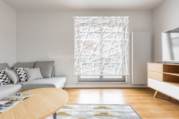 tenda a rullo geometico righe bianche e grigie