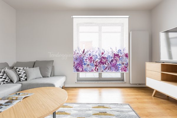 tenda a rullo fiori viola su misura